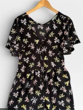 0117 Good Luck Gem Black Floral V-Neck romper with Pink and Yellow Accents